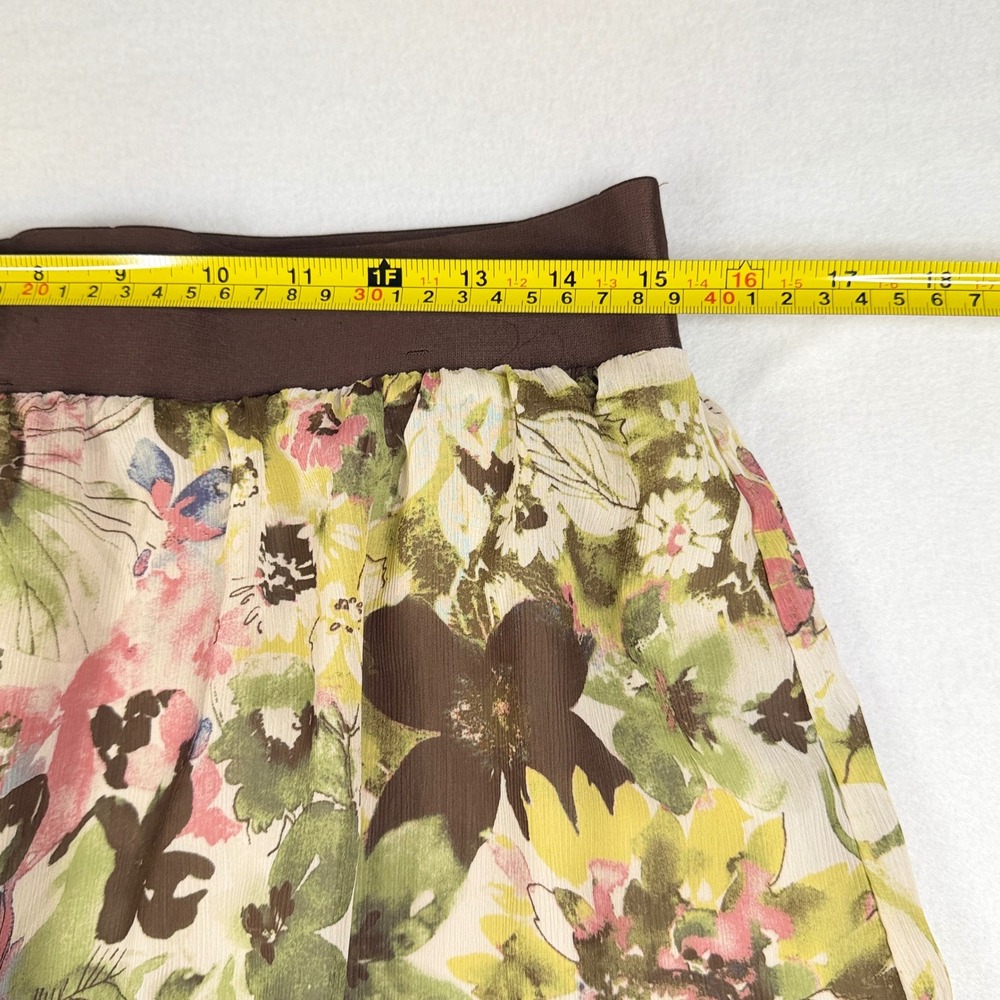 Liz Claiborne Floral Midi Skirt Brown Elastic Waist Chiffon Lined Green Pink M - Picture 5 of 8